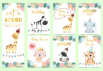 Cute kid background with jungle,wild,giraffe,zebra,elephant,tiger,cat for birthday invitation