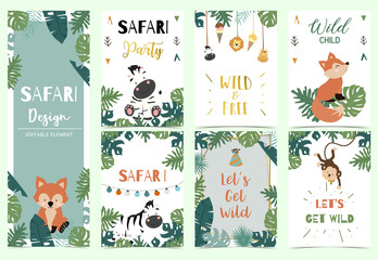 Green,gold collection of safari background set with lion,monkey,giraffe,zebra,geometric vector illustration for birthday invitation,postcard,logo and sticker.Wording include wild one,wild and free