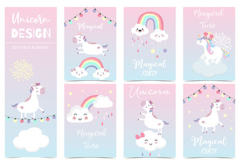 Fototapeta na wymiar Cute kid background with unicorn,rainbow,pink,cloud for birthday invitation
