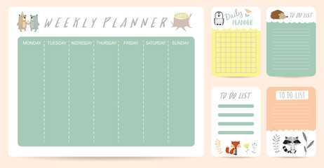 cute weekly planner background for kid with bear,skunk,fox,hedgehog