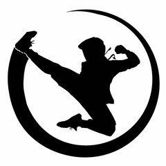 An energetic man in a tracksuit makes a circular swing of his leg in flight, leaving the trajectory of a perfect circle. 2D illustration.