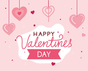 Fototapeta na wymiar happy valentines day card with hearts hanging and decoration