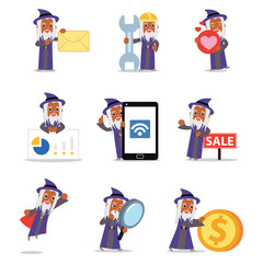 Set character of man wizard practicing his magical skills and abilities.