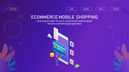 User shopping on mobile device, using credit card for mobile payment and secure online shopping, invoice for shopping, ecommerce application, isometric design concept. Web banner.