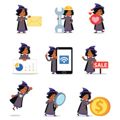 Set character of woman wizard with magical crystal ball.