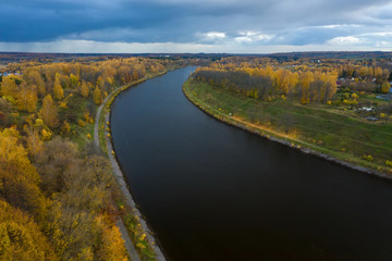 Fototapeta na wymiar Aerial View Of Moscow Canal On A Rainy Autumn Evening