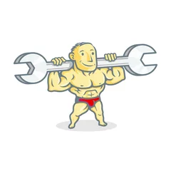 Fotobehang Body Fix Bodybuilder Logo Mascot Character Vector Illustration. Bodybuilder Man With Wrench on His Shoulder © irondah