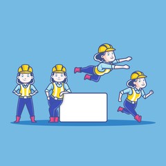 Set of Cartoon Vintage Contractor Girl Mascot Logo