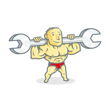 Body Fix Bodybuilder Logo Mascot Character Vector Illustration. Bodybuilder Man With Wrench on His Shoulder
