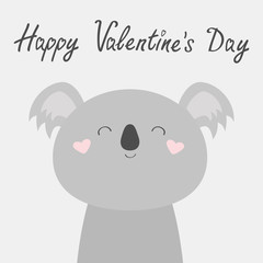 Happy Valentines Day. Koala bear face head. Cute kawaii animal. Cute cartoon funny baby character. Kids print for poster, t-shirt. Love heart. Scandinavian style. Flat design. White background.