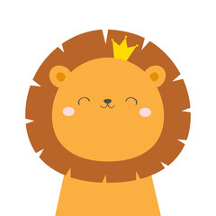 Lion king face head icon. Kawaii animal. Golden crown. Cartoon funny baby character. Kids print for poster, t-shirt. Love. Scandinavian style. Flat design. White background. Isolated.
