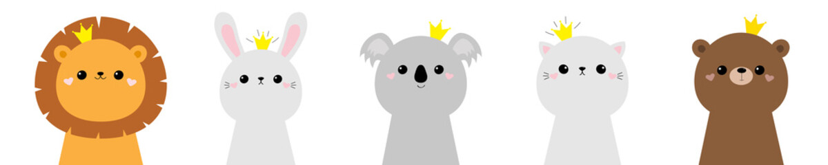 Koala bear cat bunny rabbit hare lion face head icon set. Scandinavian style. Golden crown. Cute kawaii cartoon funny baby character. Kids print for poster, t-shirt. Love Flat design. White background