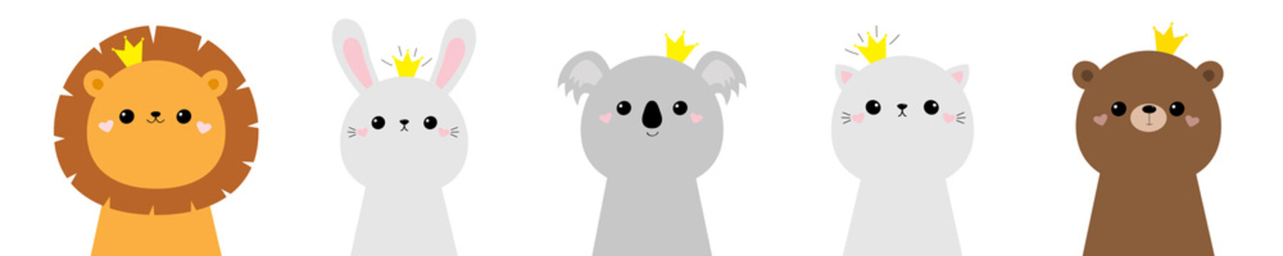 Koala bear cat bunny rabbit hare lion face head icon set. Scandinavian style. Golden crown. Cute kawaii cartoon funny baby character. Kids print for poster, t-shirt. Love Flat design. White background