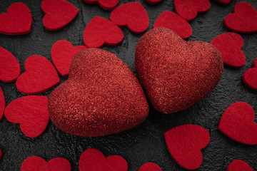 Obraz premium Red Heart With Roses. Rose petals with two heart - love concept