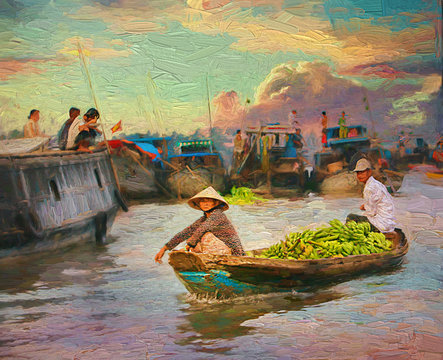 Lifestyle of vietnamese people in a boat go to floating market to selling bananas at the Delta Mekong in early morning sunrise at Can Tho, Vietnam.- oil painting.