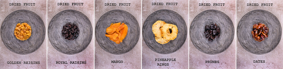 collage of different dried fruits on a gray stand with the name