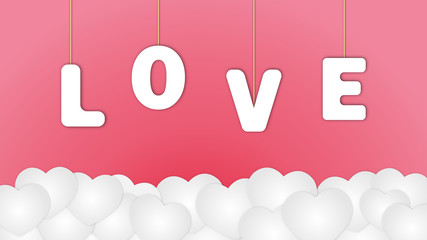 valentine card with love and heart in white color on pink background