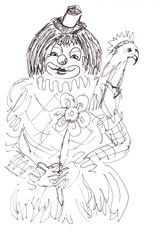 Graphic black and white drawing of a circus clown with a parrot