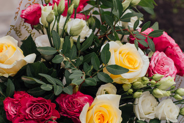 Beautiful bouquet of roses different colors and sizes