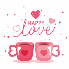 happy valentines day card with cups coffee and decoration
