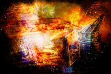Smoke beekeeper for processing bees by smoke on abstract structured space background.