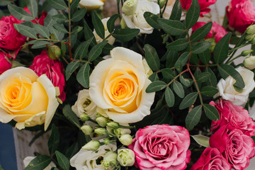 Beautiful bouquet of roses different colors and sizes