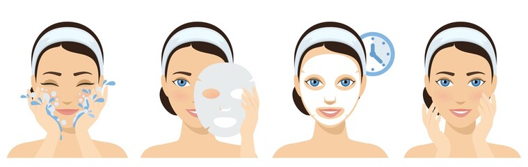 Procedure of applying face sheet mask. Facial mask with serum, skincare product. Vector - obrazy, fototapety, plakaty