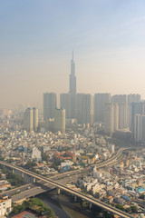 Air pollution with cityscape background covered by hazy smog