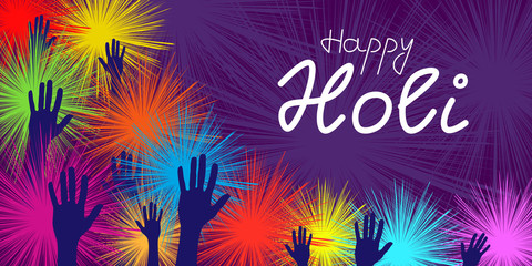 Abstract colorful vector illustration of Holi festival with bright vivid splashes and hands