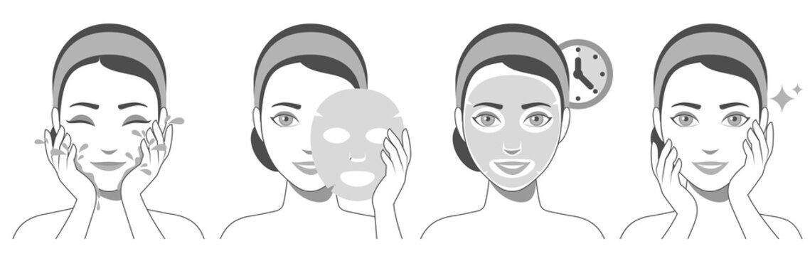 Procedure of applying face sheet mask. Facial mask with serum, skincare product. Vector