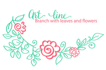 Art line. Branch with leaves and flowers