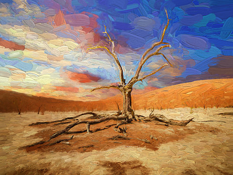 Beautiful sky and landscape of dead trees in Sossuslvei (the salt marsh of death) at Dead Vlei, Namibia Desert, an important tourist attraction of Namibia, Southern Africa.- oil painting