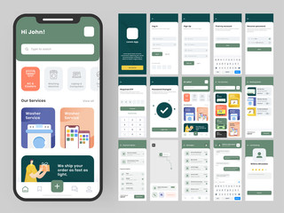 Mobile App UI Kit with Different GUI Layout Including Log in, Sign up, Create Account, Technical Items Detail, Delivery Service and Payment Screens.