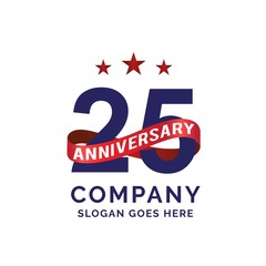 25 years anniversary logo with blue text and red ribbon