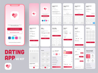 Fototapeta na wymiar Dating App UI Kit for Responsive Mobile App or Website with Different GUI Layout Including Creative Account or Profile, Details, Picture Type Screens.