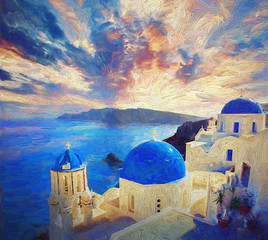 View of stunning colorful morning sunrise, traditional white houses and blue dome churches on small street in the village of Oia in the island of Santorini, Greece.- oil painting. - obrazy, fototapety, plakaty