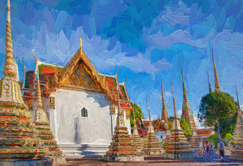 Lifestyle of local vietnamese living in a boat at Can Tho in beautiful morning sunrise, most famous and biggest floating market in Mekong Delta, Vietnam- oil painting. © goldbigstocks