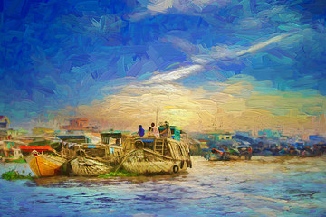 Lifestyle of local vietnamese living in a boat at Can Tho in beautiful morning sunrise, most famous and biggest floating market in Mekong Delta, Vietnam- oil painting. - obrazy, fototapety, plakaty