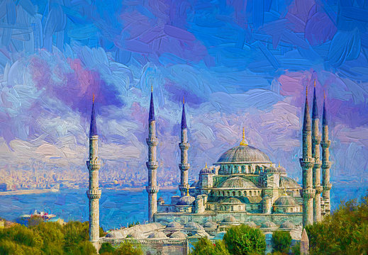 Beautiful landscape view from above during morning sunshine of Blue Mosque (Sultan Ahmed Mosque). The world famous islamic monument of Ottoman architecture, Istanbul, Turkey.- oil painting