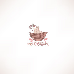 little cute cartoon bird in the nest, doodle line art logo label template with lettering composition