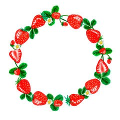 Watercolor vector frame with strawberries, leaves and flowers.