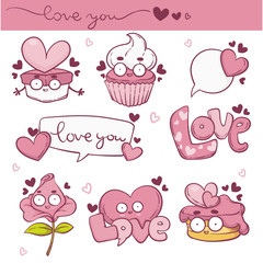 Vector coleection of kawaii Valentine day Love stickers, label and icons