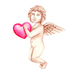 Vector Watercolor illustration of Valentines day vintage cupid isolated on white. Valentines Day cards Wedding templates. Hand Painted. Antique clipart. Scrapbooking.