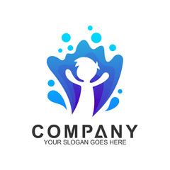 flat kid logo design in water splash shape