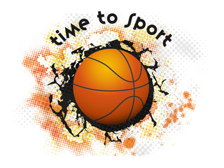 Fototapeta na wymiar Realistic Basketball on Black Crack Halftone Effect Background for Time to Sport.