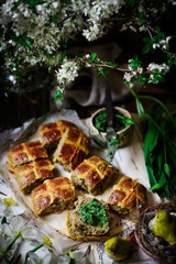savoury cheddar and wild garlic hot cross buns..traditional easter pastries.