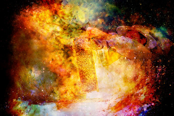 Obraz na płótnie Canvas Beekeeper manipulating with honeycomb full of golden honey on abstract structured space background.