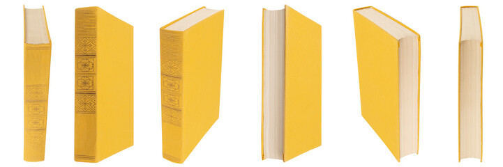 Yellow book with cloth cover on a white isolated background.