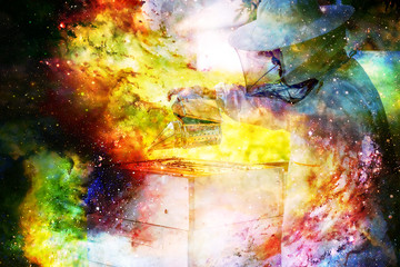 Fototapeta na wymiar Beekeeper manipulating with honeycomb full of golden honey on abstract structured space background.