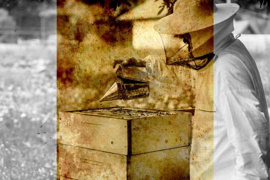 Smoke beekeeper for processing bees by smoke and old photos effect with border.